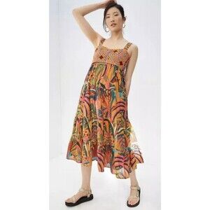 Farm Rio x Anthropologie Orange Crochet Maxi Dress Palm Animal Print M Petite